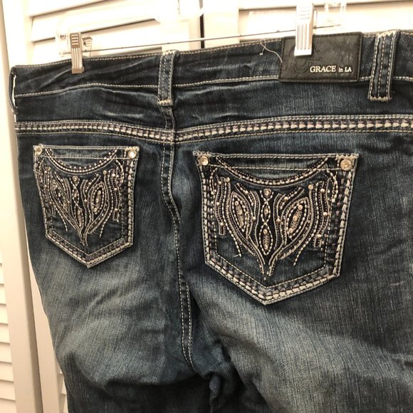 Grace in LA Easy Fit Bootcut Embroidered Embellished Denim Blue Jeans, 19 - Picture 6 of 13